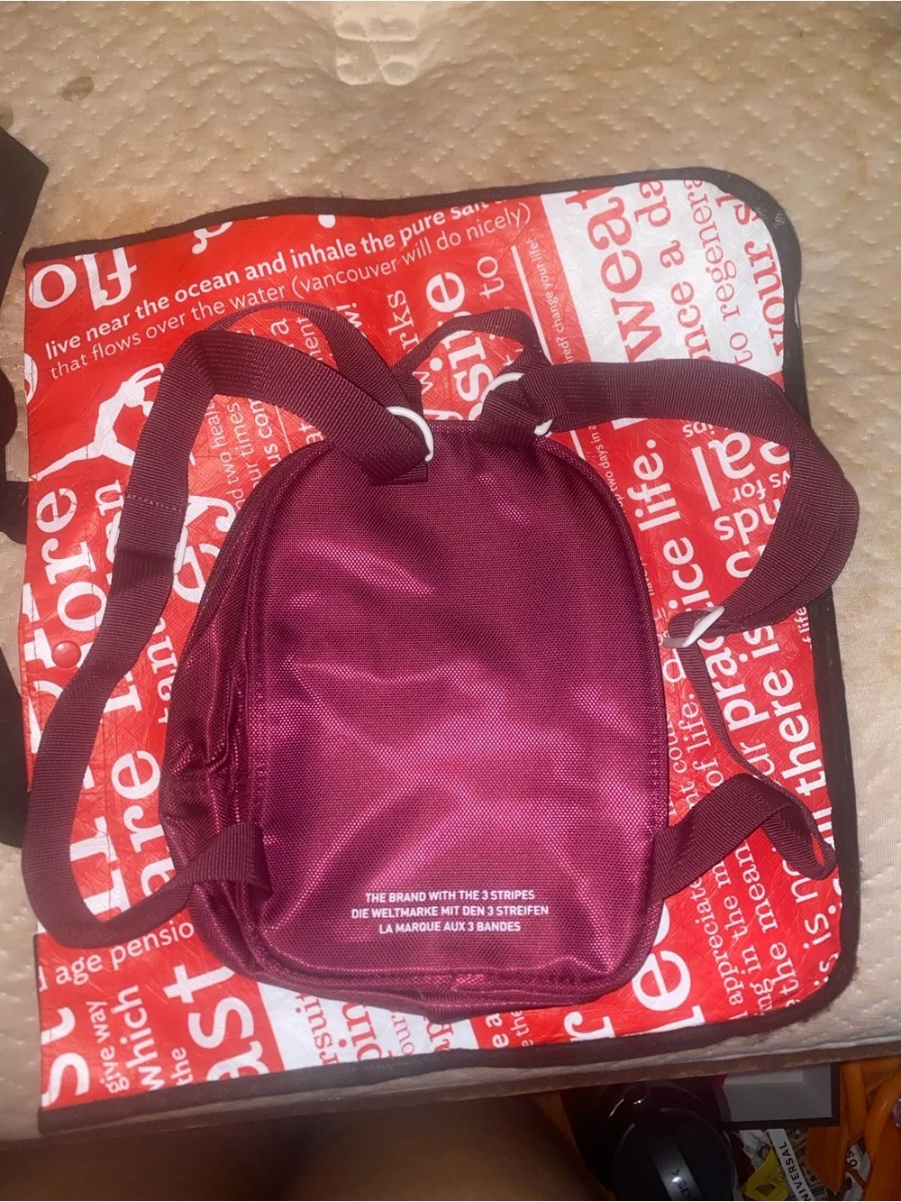adidas Maroon Mini Backpack with White Trefoil and Stripes